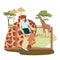 Cute children walking in safari park. Happy girl spending the day visiting Zoo and looks at the giraffes . For African animals,