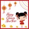 Cute Chinese girl is happy behind red lanterns cartoon illustration for Chinese New Year card design