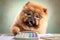 cute chow chow dog in glasses with surprised eyes counting taxes, created with Generative AI technology