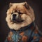 Cute chow chow dog in a jacket on a dark background.