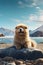 Cute chow-chow dog sitting on a rock in front of a mountain lake. AI Generative