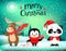 Cute Christmas animals, deer, panda and penguin. Handwriting text, lettering. Merry Christmas. Vector illustration.