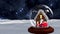 Cute Christmas animation of hut and Santa Claus in snow globe against space background