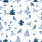 Cute Christmas background with fur trees, hollies, birds, foxes, deers, hares, christmas balls. Seamless vector pattern in stylish