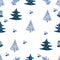 Cute Christmas background with fur trees, hollies, christmas balls. Seamless vector pattern in stylish pastel blue winter colors