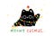 Cute Christmas Black Cat adorned with lights, humor greeting card, Funny and Playful Cartoon Illustration