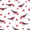 Cute Christmas bullfinches and rowanberry seamless vector patter