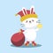 Cute Christmas bunny. Flat cartoon illustration of a little white rabbit dressed Santa costume holding star isolated on