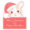 Cute Christmas card with baby rabbit in Santa`s hat. Inscription Marry Christmas and Happy New Year