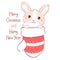 Cute Christmas card with bunny in mitten. Inscription Merry Christmas and Happy New Year