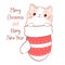 Cute Christmas card with cat in mitten. Inscription Merry Christmas and Happy New Year