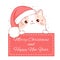 Cute Christmas card with cat in Santa`s hat. Inscription Marry Christmas and Happy New Year