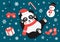 Cute christmas card with panda, candy, snowflakes, snowman, mittens and socks. Vector illustration