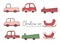 Cute Christmas cars and sleighs doodle cartoon hand drawn collection vector illustration