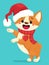 Cute Christmas Corgi puppy stands on its hind legs in a red hat. Vector illustration in cartoon flat style.