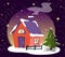 Cute Christmas country house on a dark background with snow and stars. Flat style illustration
