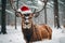 Cute Christmas deer wearing red Santa\\\'s Hat in the snowy forest
