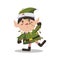 Cute christmas elf Happy childish xmas dwarf demonstrate holiday poster. Flat vector cartoon illustration of joyous