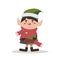 Cute christmas elf Happy childish xmas dwarf demonstrate holiday poster. Flat vector cartoon illustration of joyous