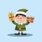 Cute christmas elf holding gifts . Happy childish xmas dwarf demonstrate holiday poster. Flat vector cartoon