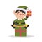 Cute christmas elf holding gifts . Happy childish xmas dwarf demonstrate holiday poster. Flat vector cartoon