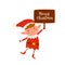 Cute christmas elf holding sign with Merry Christmas inscription. Happy childish xmas dwarf demonstrate holiday poster