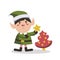 Cute christmas elf holding star . Happy childish xmas dwarf demonstrate holiday poster. Flat vector cartoon illustration