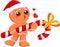 Cute Christmas Gingerbread Man Cartoon Character Sends Kisses And Holding Big Candy Cane