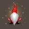 Cute Christmas gnome with garland, fireflies, magic. A dwarf with a long beard and a red hat.