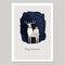 Cute Christmas greeting card, invitation. Deer carrying gift packages at night with falling snow. Deep blue watercolor