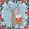 Cute Christmas greeting card, invitation with hand drawn deer bringing gift box and Christmas balls, ornaments. Floral