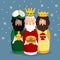 Cute Christmas greeting card, invitation with three magi. Biblical kings Caspar, Melchior and Balthazar. Vector
