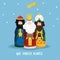 Cute Christmas greeting card, invitation with three magi bringing gifts and falling star. Biblical kings Caspar