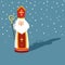 Cute Christmas greeting card with Saint Nicholas with falling snow, drop shadow and pastoral staff. European winter