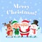 Cute christmas greeting card. Singing Santa Claus, funny snowman and Xmas elf on winter snow party vector illustration