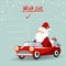 Cute christmas greeting card, wish list with Santa Claus, retro sports car,