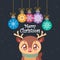 Cute Christmas greeting with a jolly reindeer and colorful baubles