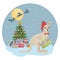 Cute Christmas illustration depicting a Christmas tree with gifts and a cute kangaroo sitting near a Christmas tree with
