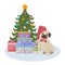 Cute Christmas illustration depicting a Christmas tree with gifts and a cute pug sitting next to boxes with Christmas