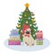 Cute Christmas illustration depicting a Christmas tree with gifts and a cute pug sitting surrounded by gifts. Children s