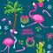 Cute christmas In July pattern - Adorable flamingo, cactus, palm tree illustration.