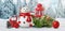 Cute Christmas New Year scene with snowman, gifts, lantern, balls, cones and fir branches