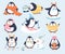 Cute Christmas penguins mascot celebrating winter holidays, having fun vector illustration set