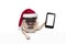 Cute Christmas pug dog with santa hat and candy cane, holding up mobile smart phone, paw leaning on white banner