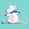 Cute Christmas rat in blue scarf. Animal character, 2020 year