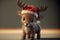 Cute Christmas reindeer character wearing a red festive santa hat, Generative ai