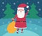 Cute Christmas Sata Claus with gift bag and mitens in winter forest. Christmas trees. Funny hand drawn New year character. Vector