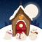 Cute Christmas scene with gnome house and happy bunnies