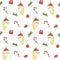 Cute christmas seamless pattern background illustration with unicorn with santa`s hat, candy cane, gift box, holly and sock