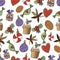 Cute Christmas seamless pattern in cartoon style. Heart, gifts, lollipop, toy, walnut, cupcake, spices and berries. Christmas